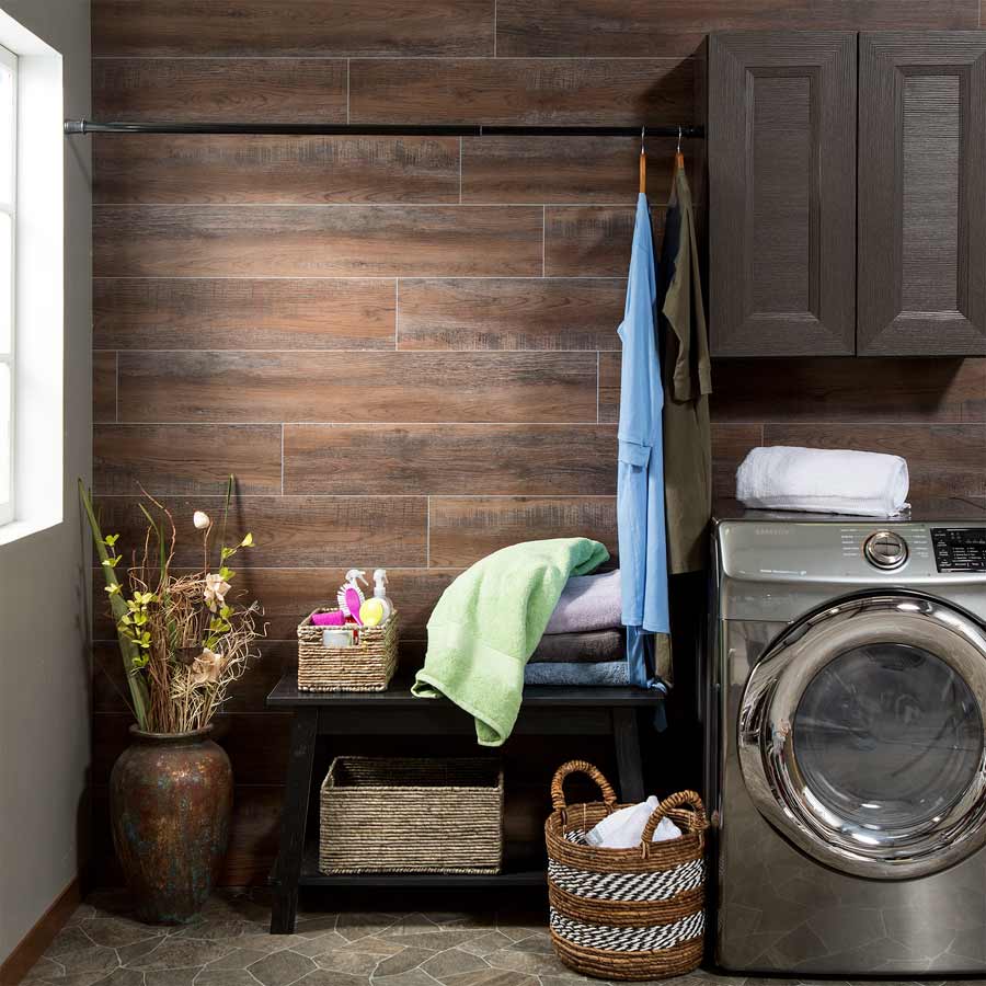 Laundry room with Palisade wall planks in Oak Mocha