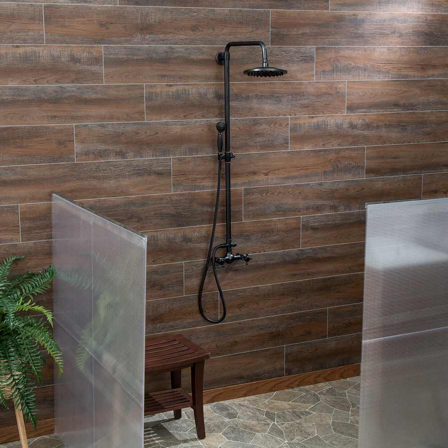 Shower area with Palisade wall planks in Oak Mocha